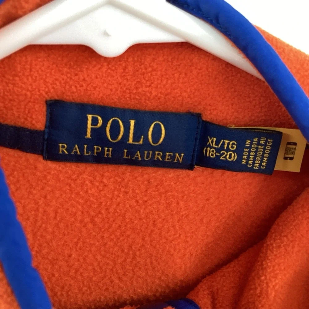 Boys Polo Ralph Lauren Snap Fleece Pullover- Navy/Orange/Royal-‎ XL (18/20)